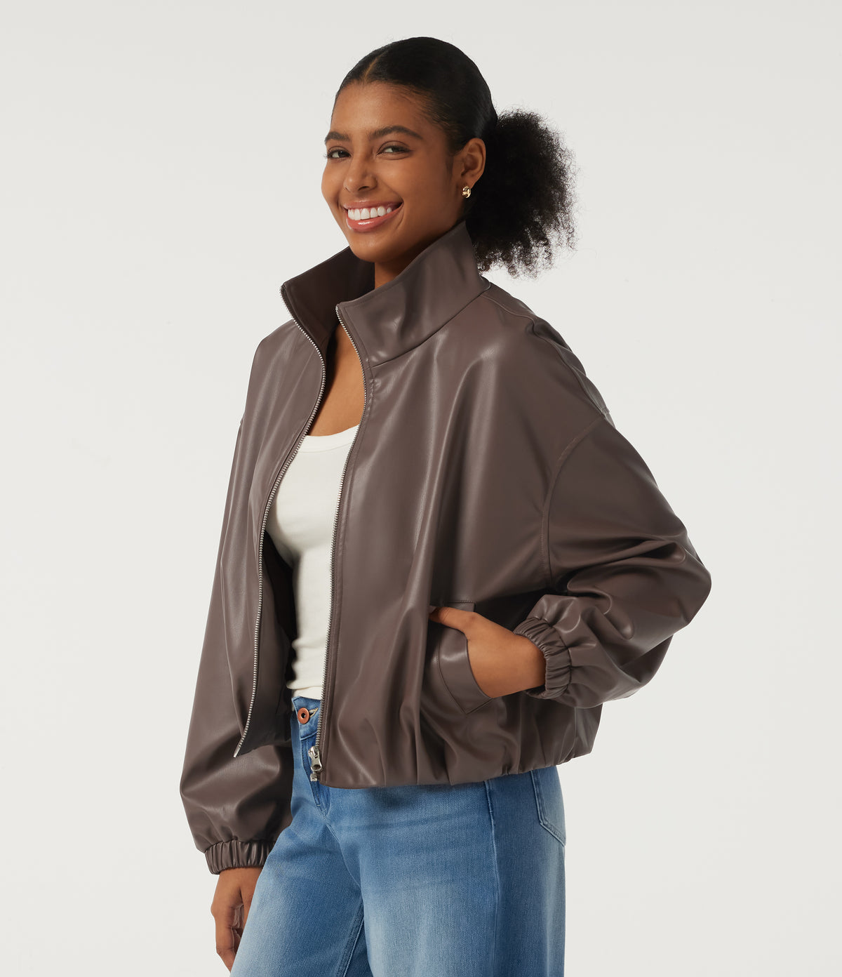 Stand Collar Long Sleeve Casual Faux Leather Jacket with Pockets — Coffee Quartz — view 3