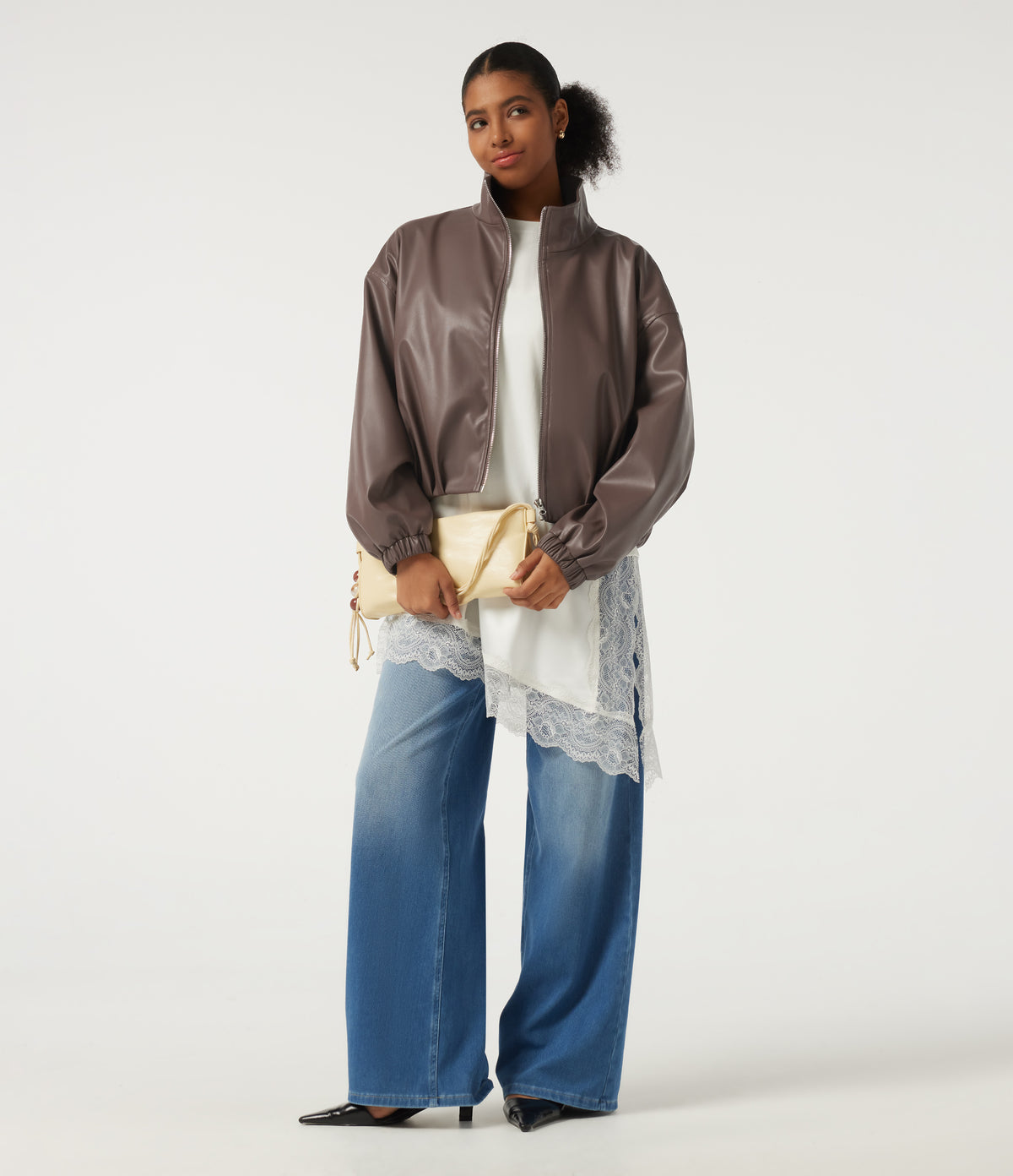 Stand Collar Long Sleeve Casual Faux Leather Jacket with Pockets — Coffee Quartz — view 8