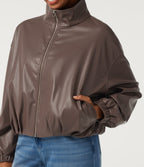 Stand Collar Long Sleeve Casual Faux Leather Jacket with Pockets — Coffee Quartz — view 6