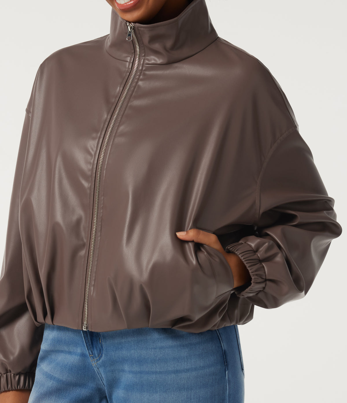 Stand Collar Long Sleeve Casual Faux Leather Jacket with Pockets — Coffee Quartz — view 6
