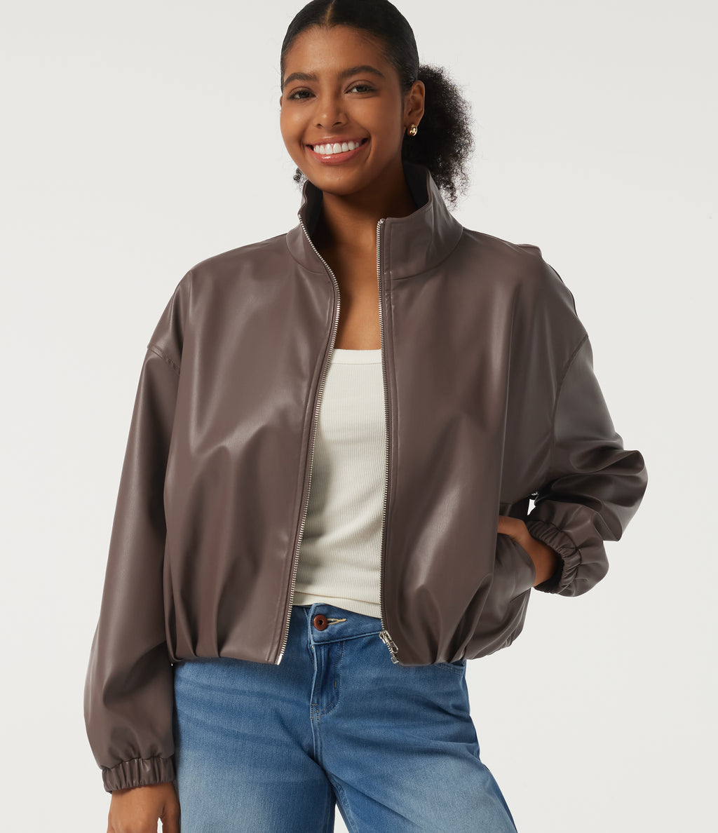 Stand Collar Long Sleeve Casual Faux Leather Jacket with Pockets — Coffee Quartz — view 1