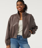 Stand Collar Long Sleeve Casual Faux Leather Jacket with Pockets — Coffee Quartz — view 1