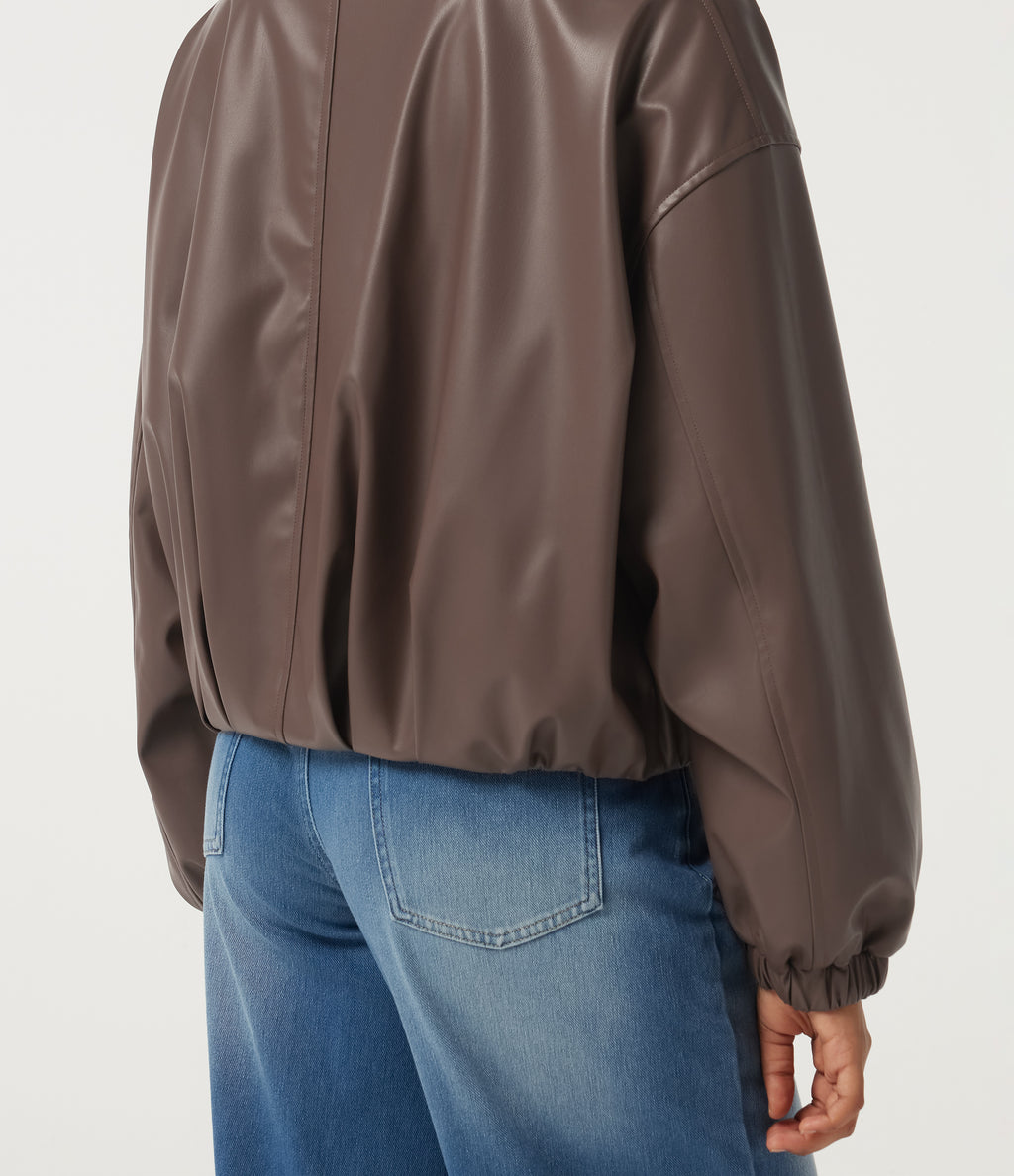 Stand Collar Long Sleeve Casual Faux Leather Jacket with Pockets — Coffee Quartz — view 5