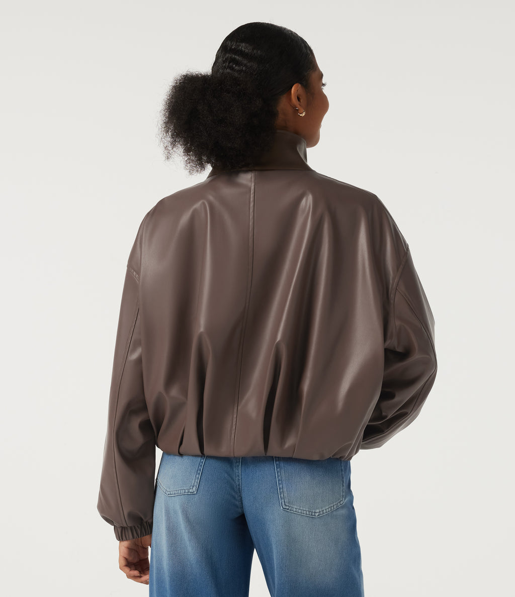 Stand Collar Long Sleeve Casual Faux Leather Jacket with Pockets — Coffee Quartz — view 2