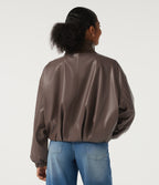 Stand Collar Long Sleeve Casual Faux Leather Jacket with Pockets — Coffee Quartz — view 2