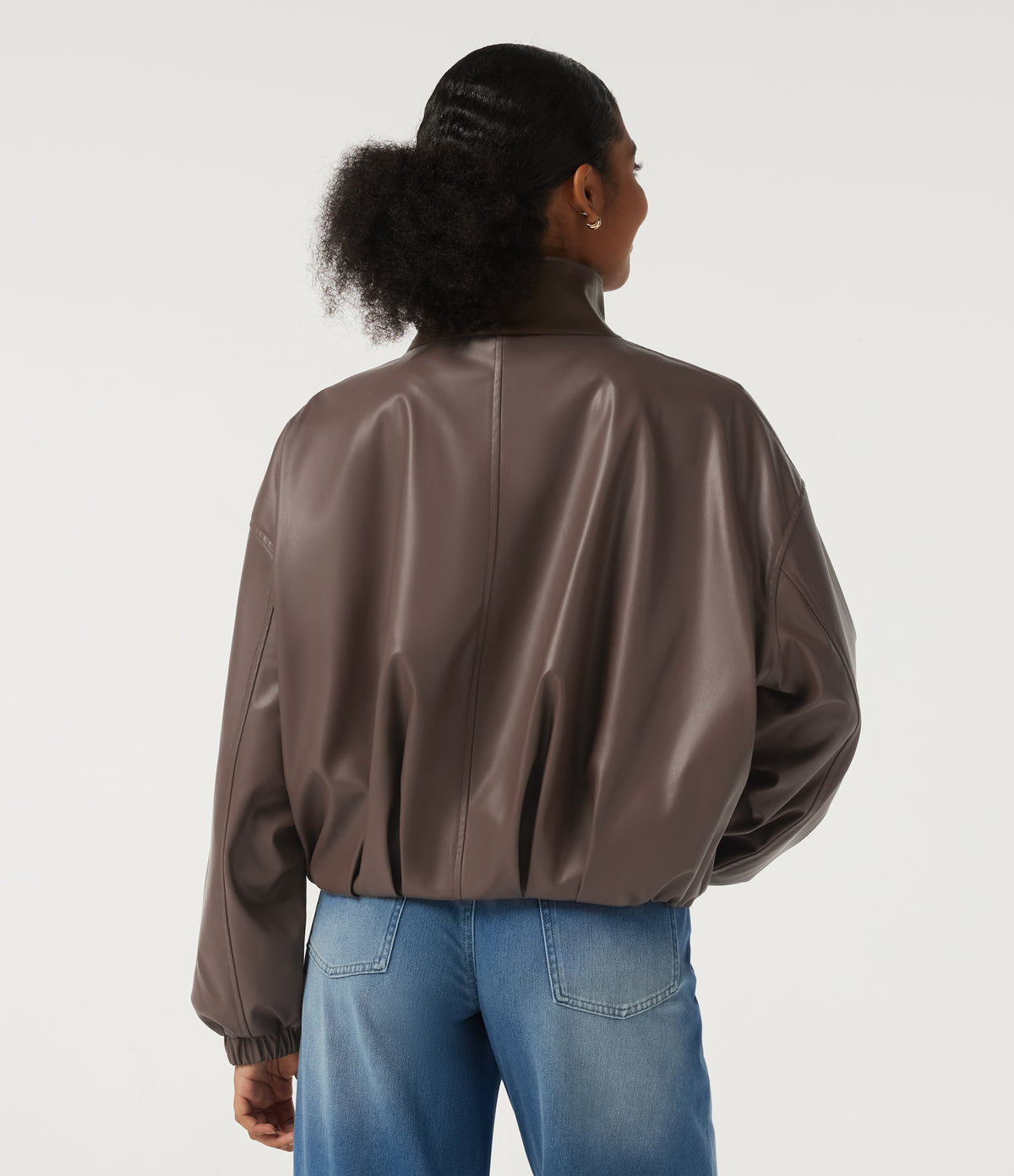 Stand Collar Long Sleeve Casual Faux Leather Jacket with Pockets — Coffee Quartz — view 2