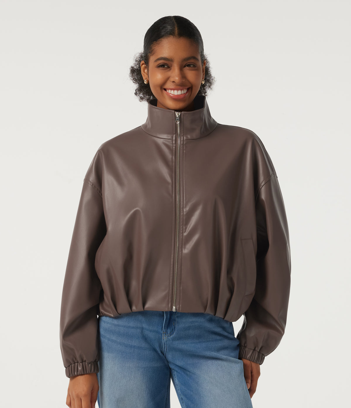 Stand Collar Long Sleeve Casual Faux Leather Jacket with Pockets — Coffee Quartz — view 4