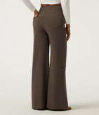 High Waisted Tummy Control Crossover Wide Leg Casual Trousers with Pockets — Chocolate Martini — view 2