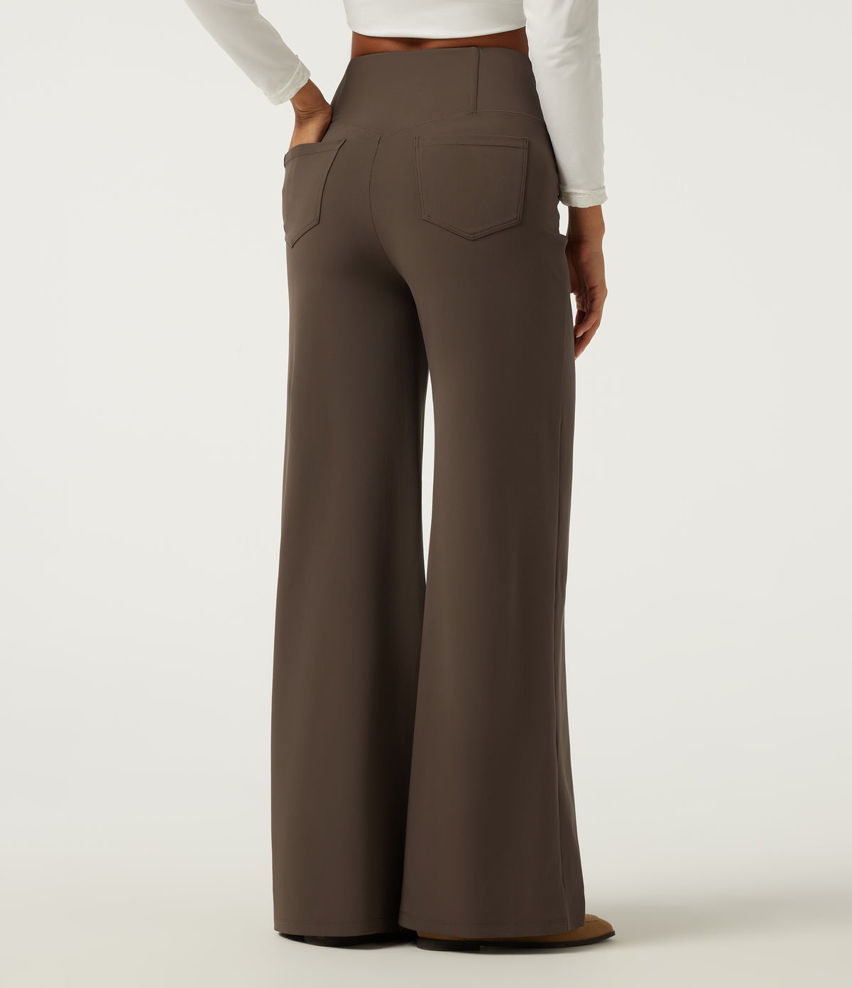 High Waisted Tummy Control Crossover Wide Leg Casual Trousers with Pockets — Chocolate Martini — view 2