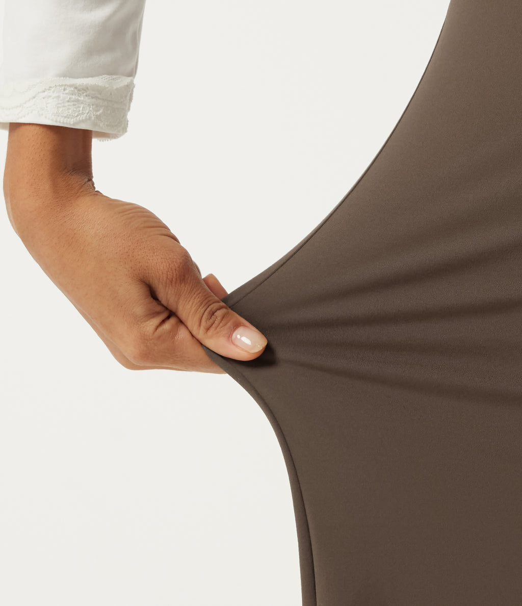 High Waisted Tummy Control Crossover Wide Leg Casual Trousers with Pockets — Chocolate Martini — view 7