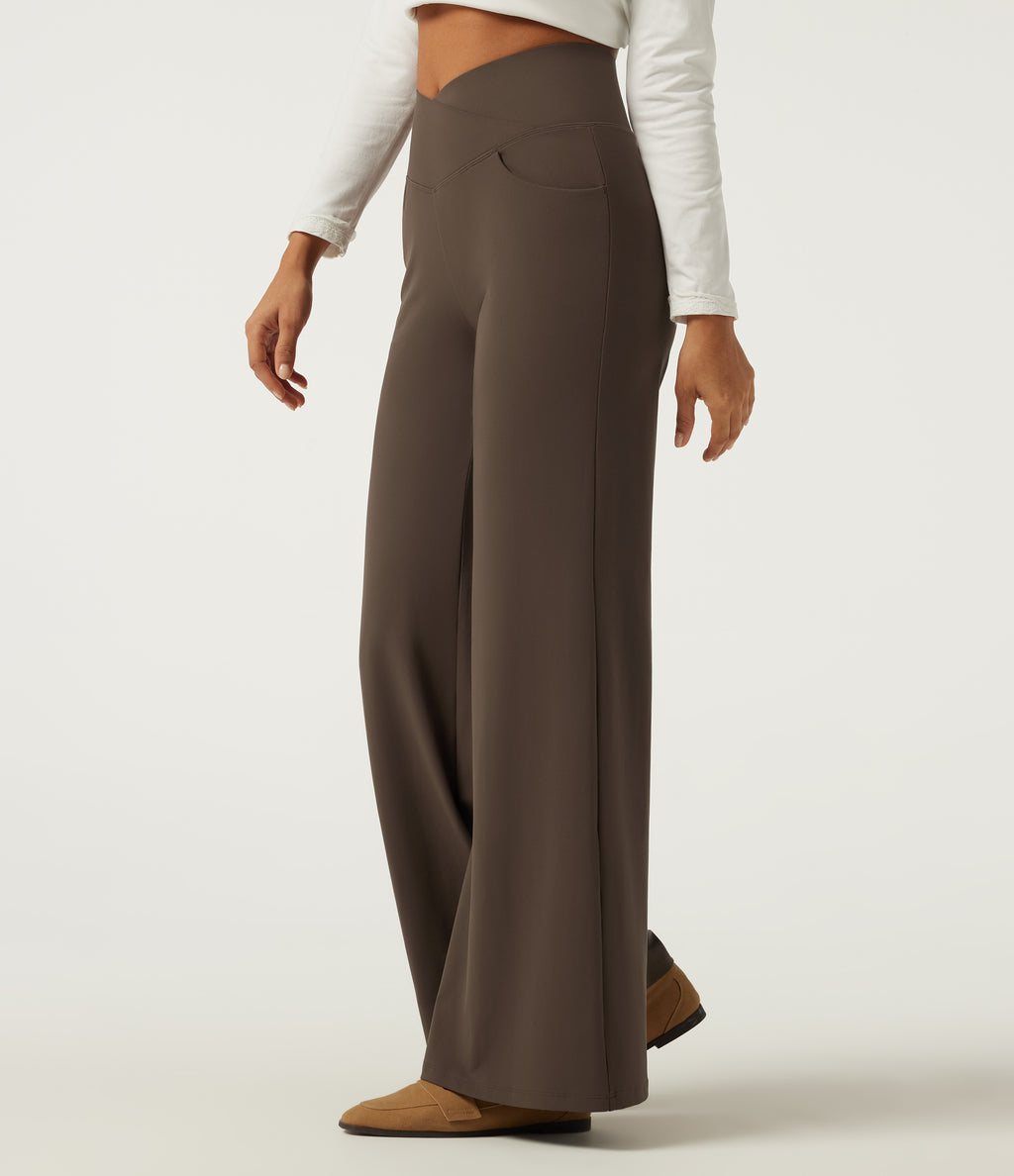 High Waisted Tummy Control Crossover Wide Leg Casual Trousers with Pockets — Chocolate Martini — view 3