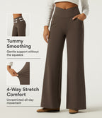 High Waisted Tummy Control Crossover Wide Leg Casual Trousers with Pockets — Chocolate Martini — view 1