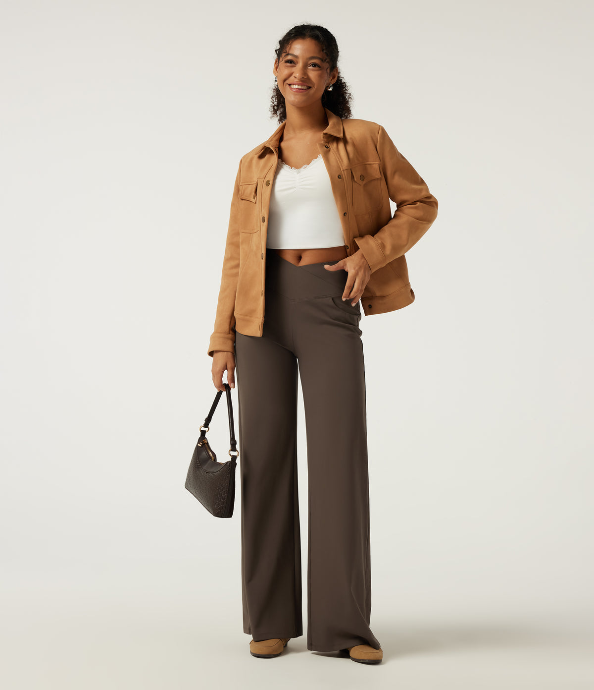 High Waisted Tummy Control Crossover Wide Leg Casual Trousers with Pockets — Chocolate Martini — view 8