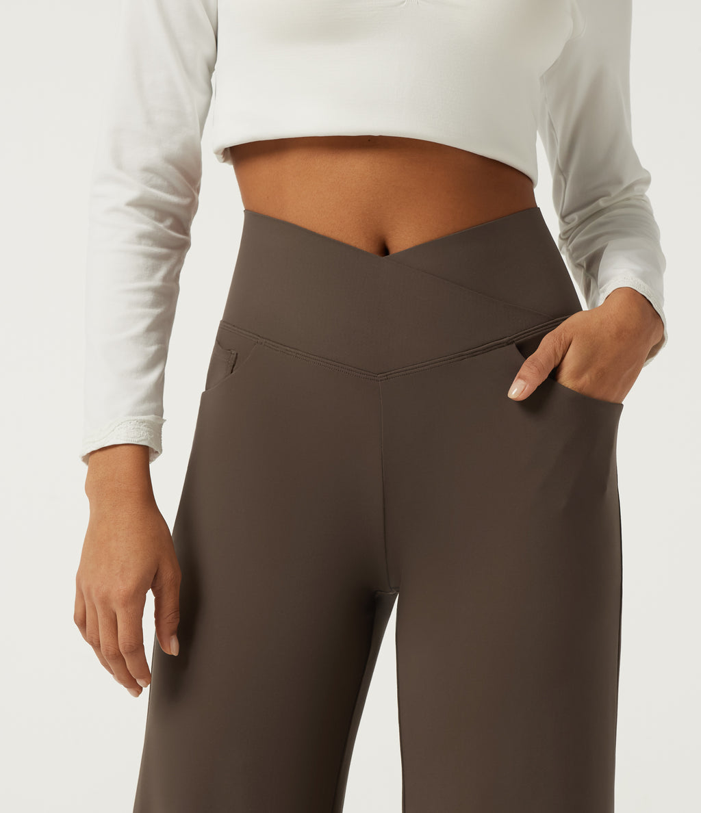 High Waisted Tummy Control Crossover Wide Leg Casual Trousers with Pockets — Chocolate Martini — view 4