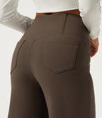 High Waisted Tummy Control Crossover Wide Leg Casual Trousers with Pockets — Chocolate Martini — view 5