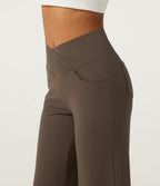 High Waisted Tummy Control Crossover Wide Leg Casual Trousers with Pockets — Chocolate Martini — view 6