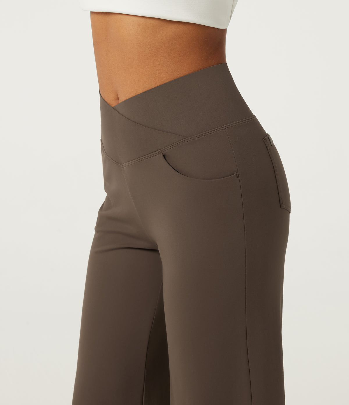 High Waisted Tummy Control Crossover Wide Leg Casual Trousers with Pockets — Chocolate Martini — view 6