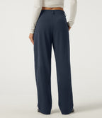 Mid Rise Barrel Leg Asymmetric Work Trousers with Pockets — Midnight Blue — view 2