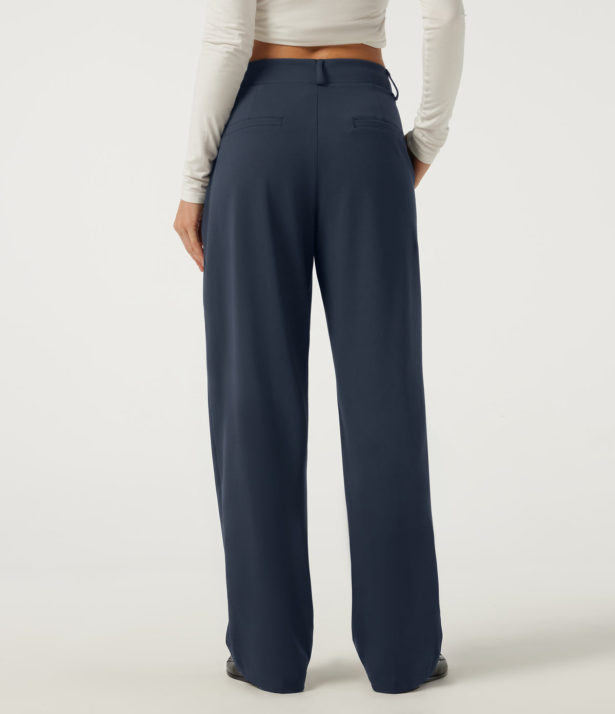 Mid Rise Barrel Leg Asymmetric Work Trousers with Pockets — Midnight Blue — view 2