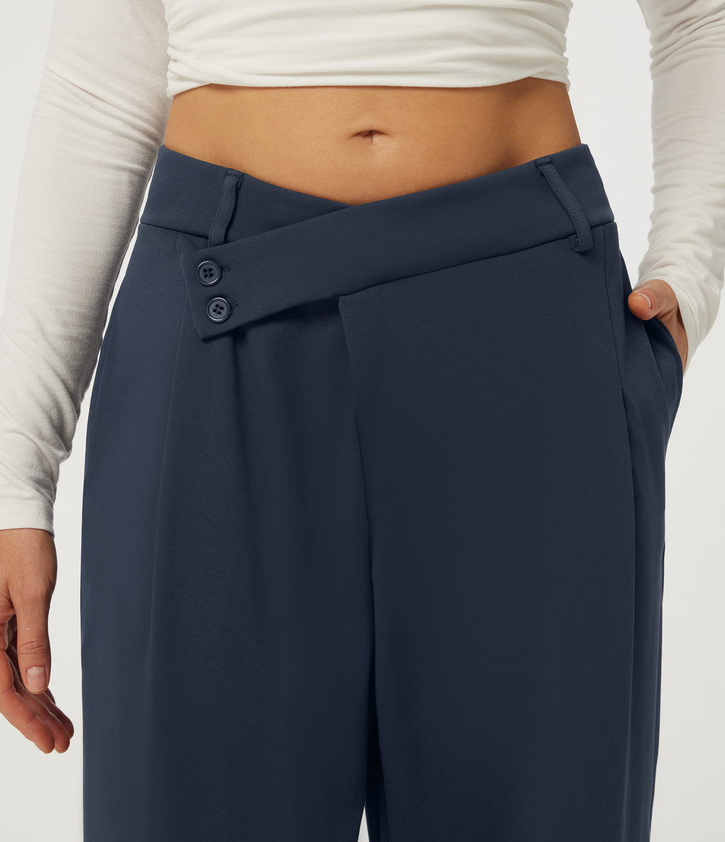 Mid Rise Barrel Leg Asymmetric Work Trousers with Pockets — Midnight Blue — view 4