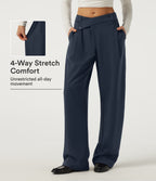 Mid Rise Barrel Leg Asymmetric Work Trousers with Pockets — Midnight Blue — view 1
