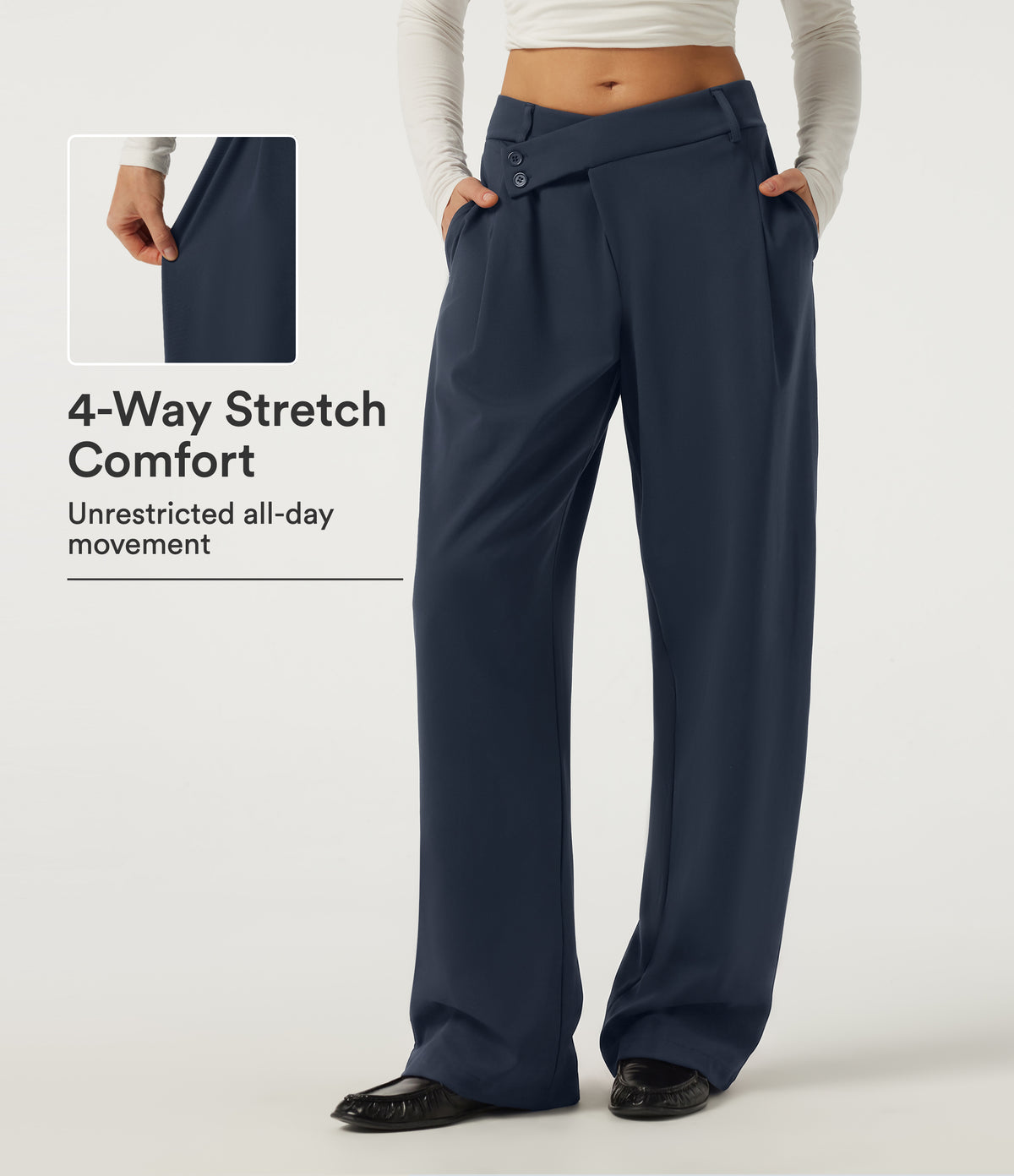 Mid Rise Barrel Leg Asymmetric Work Trousers with Pockets — Midnight Blue — view 1