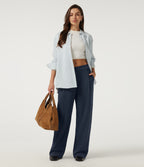 Mid Rise Barrel Leg Asymmetric Work Trousers with Pockets — Midnight Blue — view 6