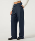 Mid Rise Barrel Leg Asymmetric Work Trousers with Pockets — Midnight Blue — view 3