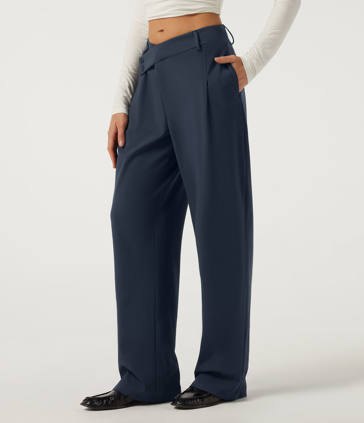 Mid Rise Barrel Leg Asymmetric Work Trousers with Pockets — Midnight Blue — view 3