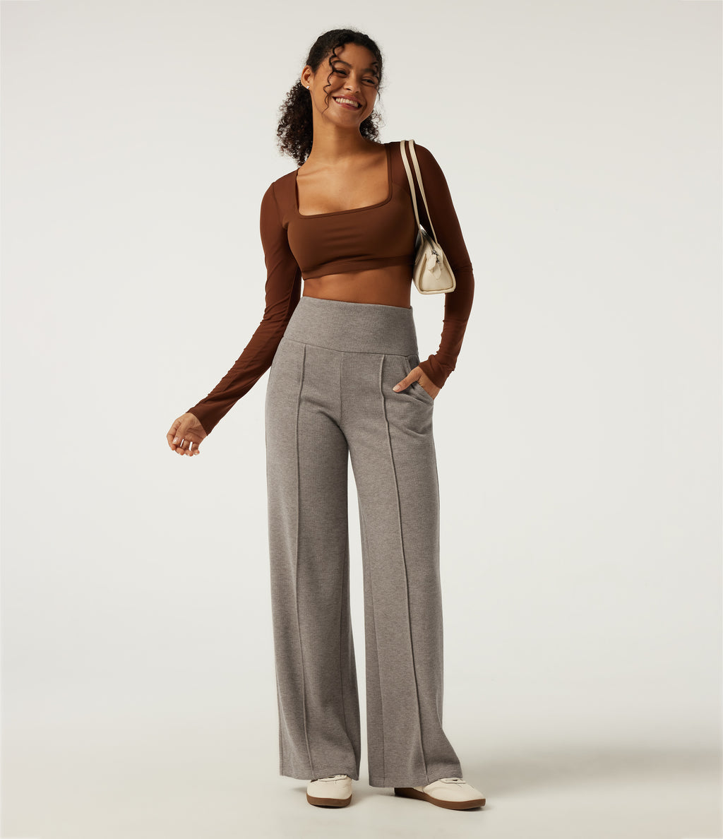 Ribbed Knit High Waisted Tummy Control Straight Leg Pintuck Casual Trousers with Pockets — Taupe Stripe — view 7