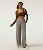 Ribbed Knit High Waisted Tummy Control Straight Leg Pintuck Casual Trousers with Pockets — Taupe Stripe — view 7