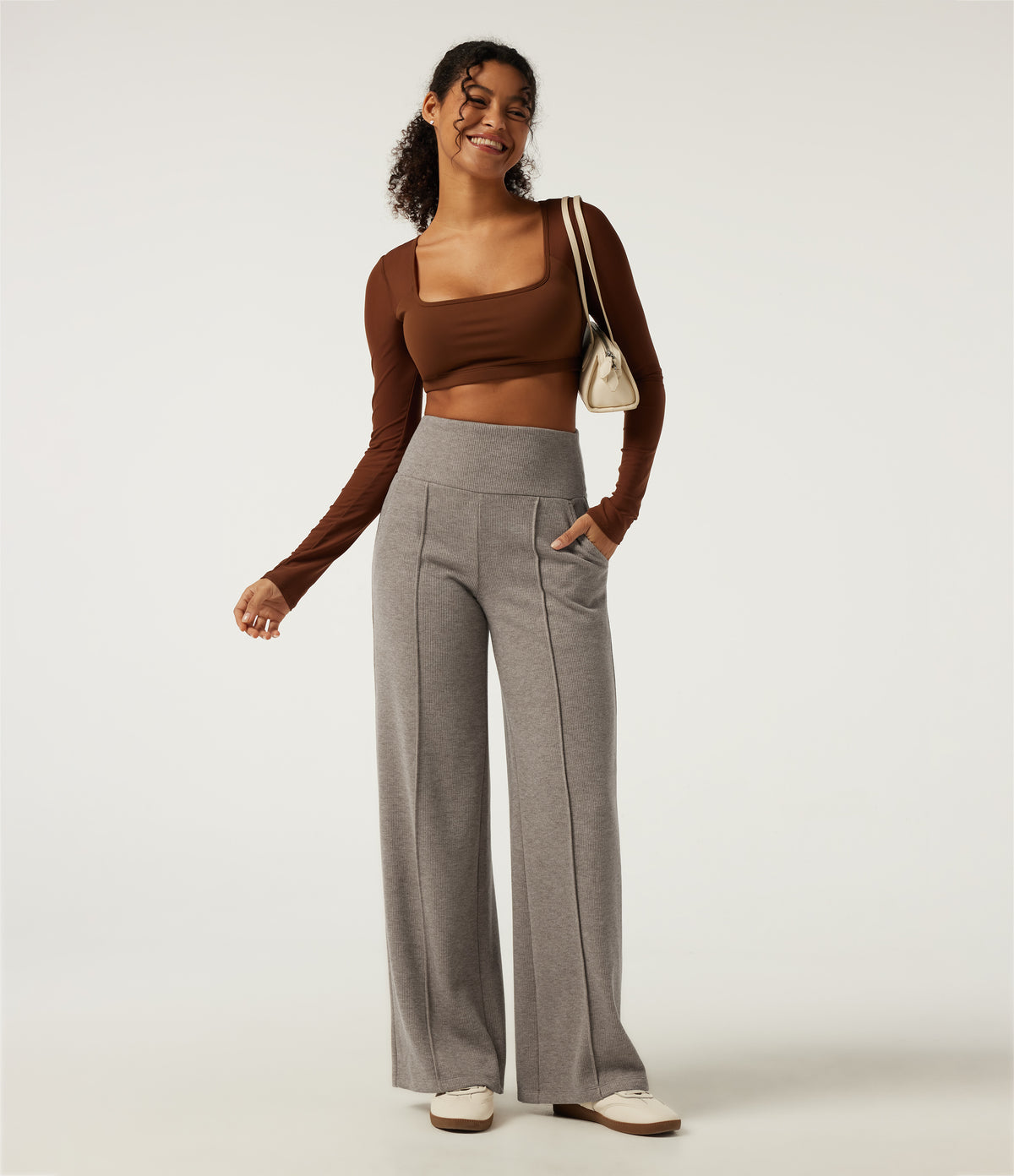 Ribbed Knit High Waisted Tummy Control Straight Leg Pintuck Casual Trousers with Pockets — Taupe Stripe — view 7