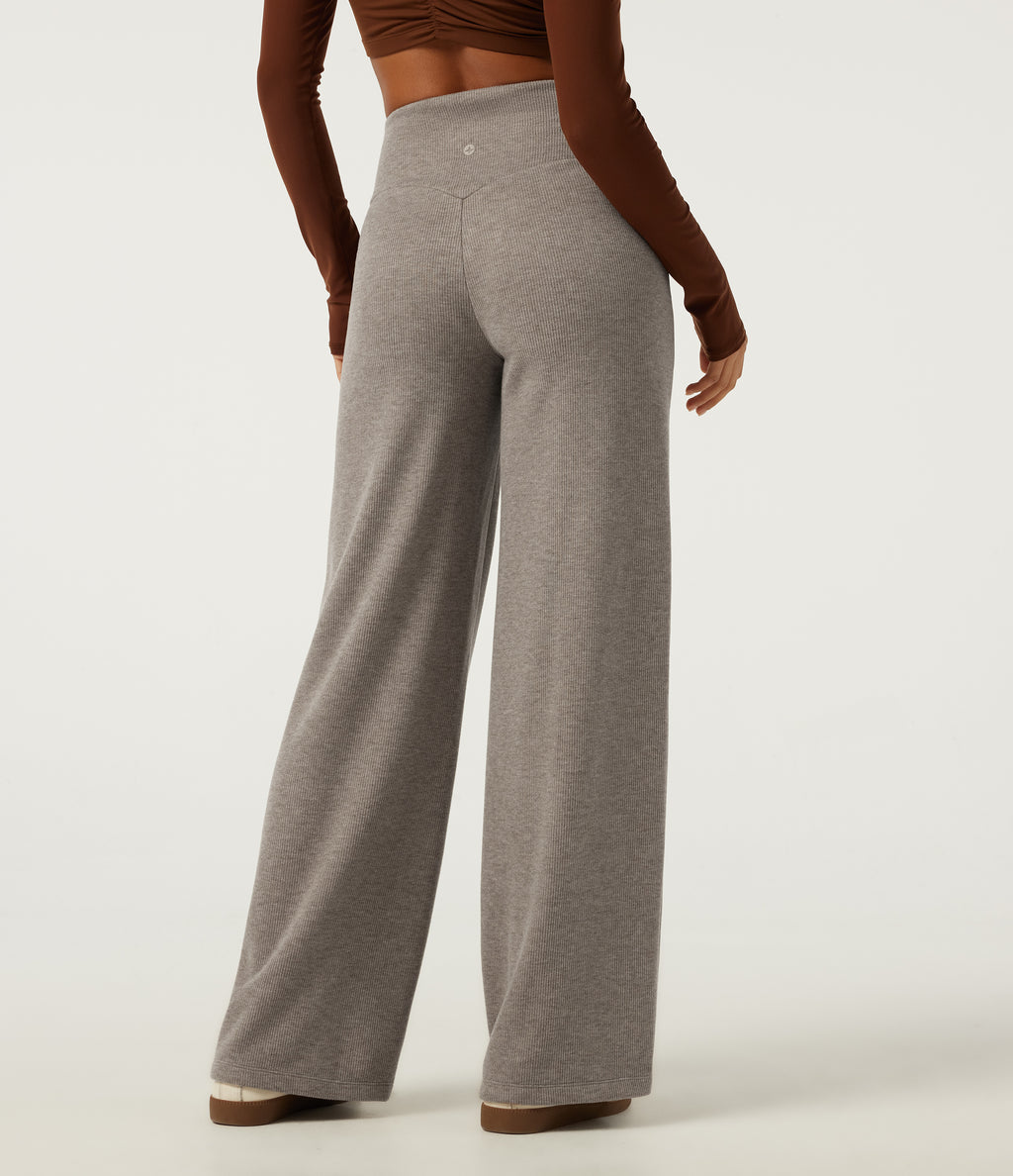 Ribbed Knit High Waisted Tummy Control Straight Leg Pintuck Casual Trousers with Pockets — Taupe Stripe — view 2
