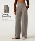 Ribbed Knit High Waisted Tummy Control Straight Leg Pintuck Casual Trousers with Pockets — Taupe Stripe — view 1