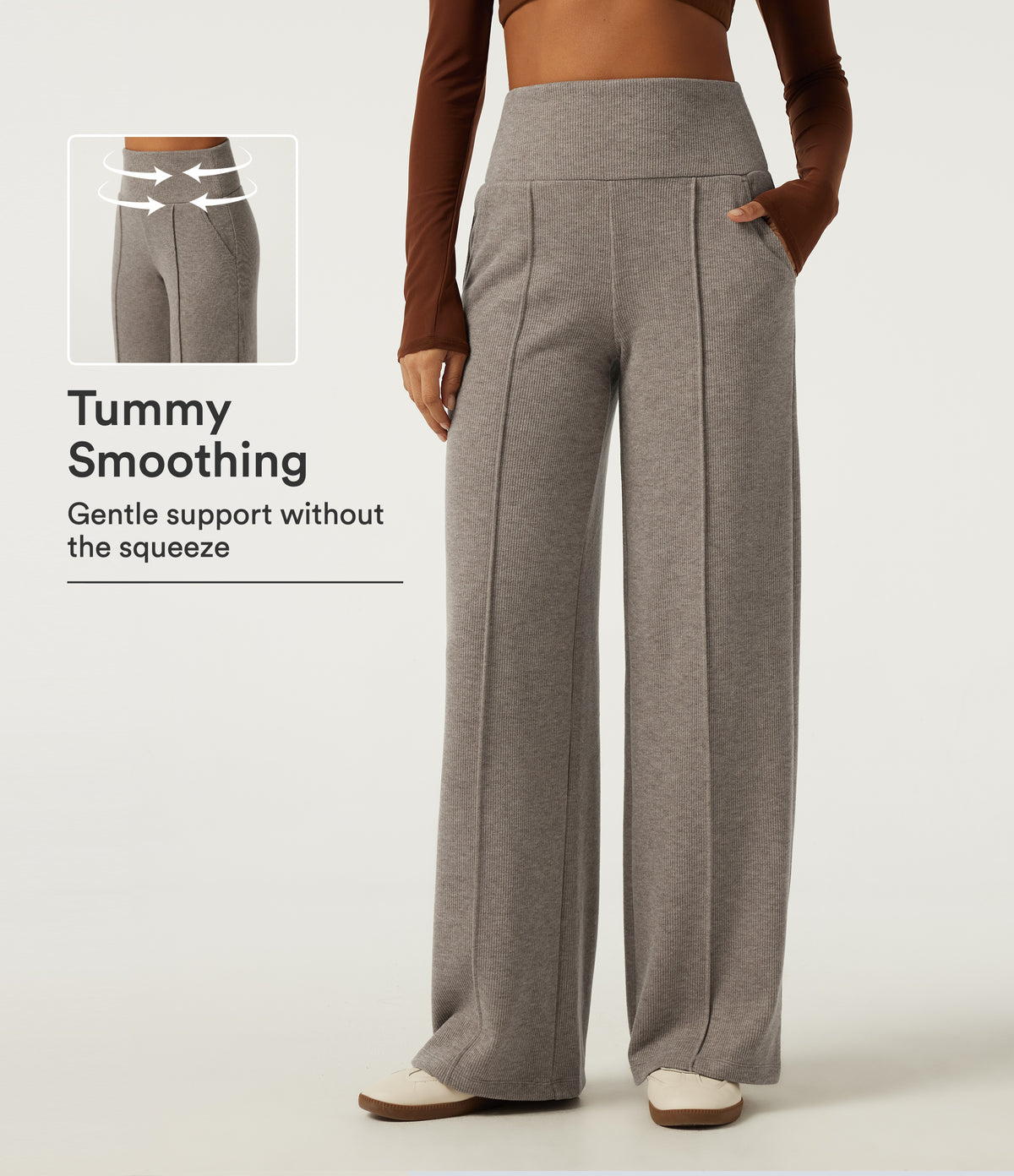 Ribbed Knit High Waisted Tummy Control Straight Leg Pintuck Casual Trousers with Pockets — Taupe Stripe — view 1