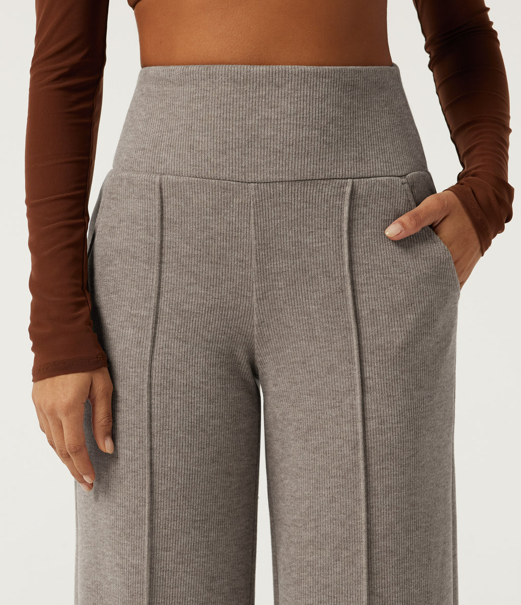 Ribbed Knit High Waisted Tummy Control Straight Leg Pintuck Casual Trousers with Pockets — Taupe Stripe — view 4