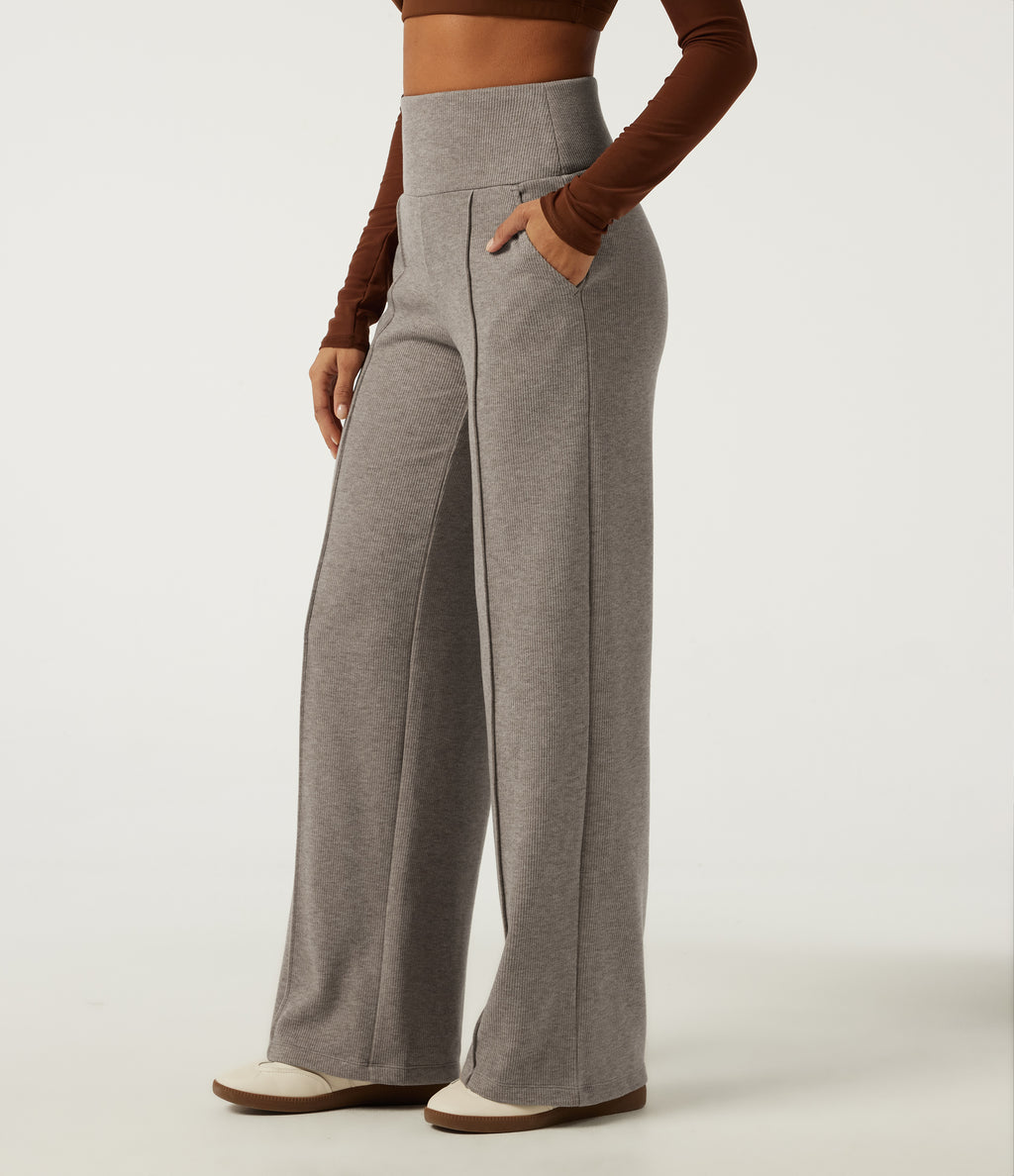 Ribbed Knit High Waisted Tummy Control Straight Leg Pintuck Casual Trousers with Pockets — Taupe Stripe — view 3