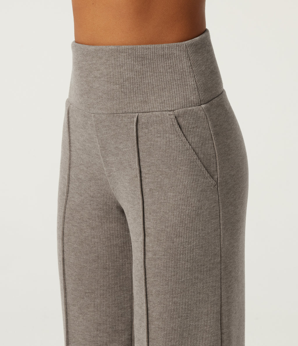 Ribbed Knit High Waisted Tummy Control Straight Leg Pintuck Casual Trousers with Pockets — Taupe Stripe — view 6