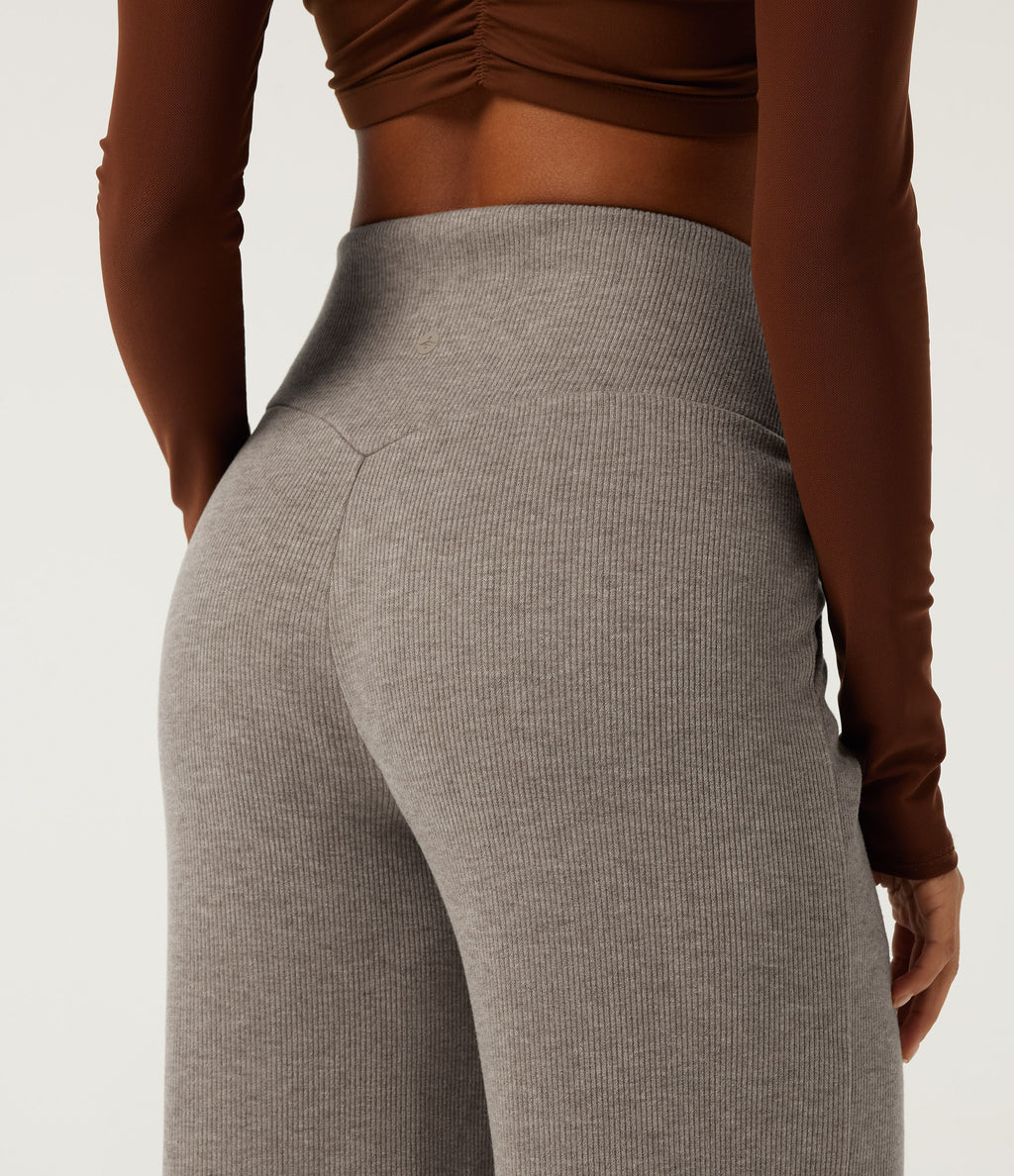 Ribbed Knit High Waisted Tummy Control Straight Leg Pintuck Casual Trousers with Pockets — Taupe Stripe — view 5