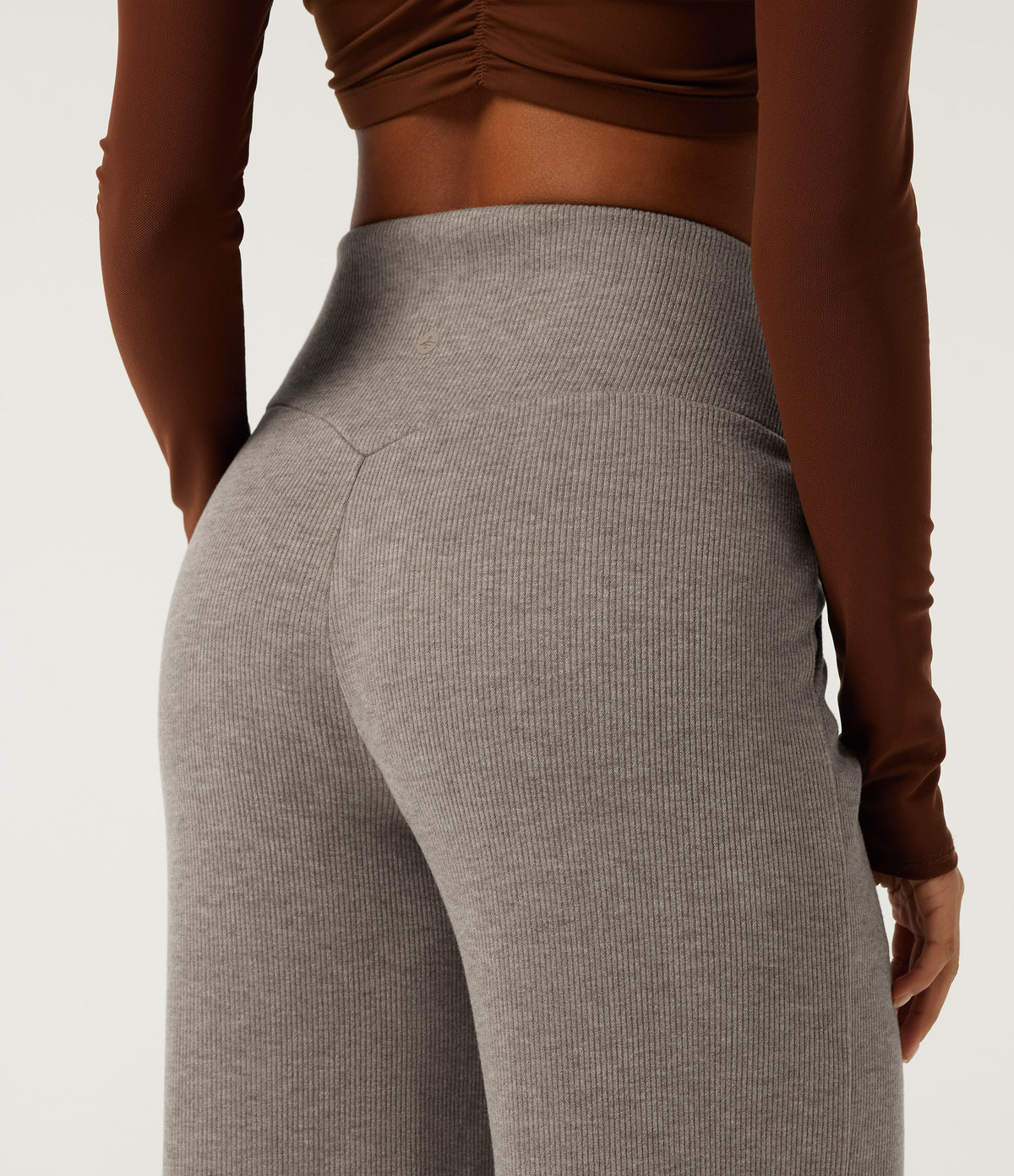 Ribbed Knit High Waisted Tummy Control Straight Leg Pintuck Casual Trousers with Pockets — Taupe Stripe — view 5