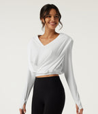 Airy V Neck Long Sleeve Yoga Sports Top with Thumbholes — White — view 3