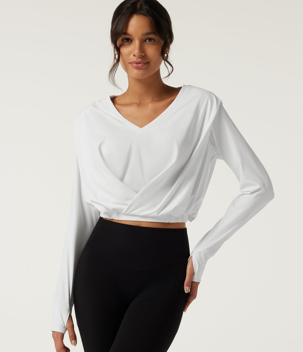 Airy V Neck Long Sleeve Yoga Sports Top with Thumbholes — White — view 1