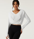 Airy V Neck Long Sleeve Yoga Sports Top with Thumbholes — White — view 1