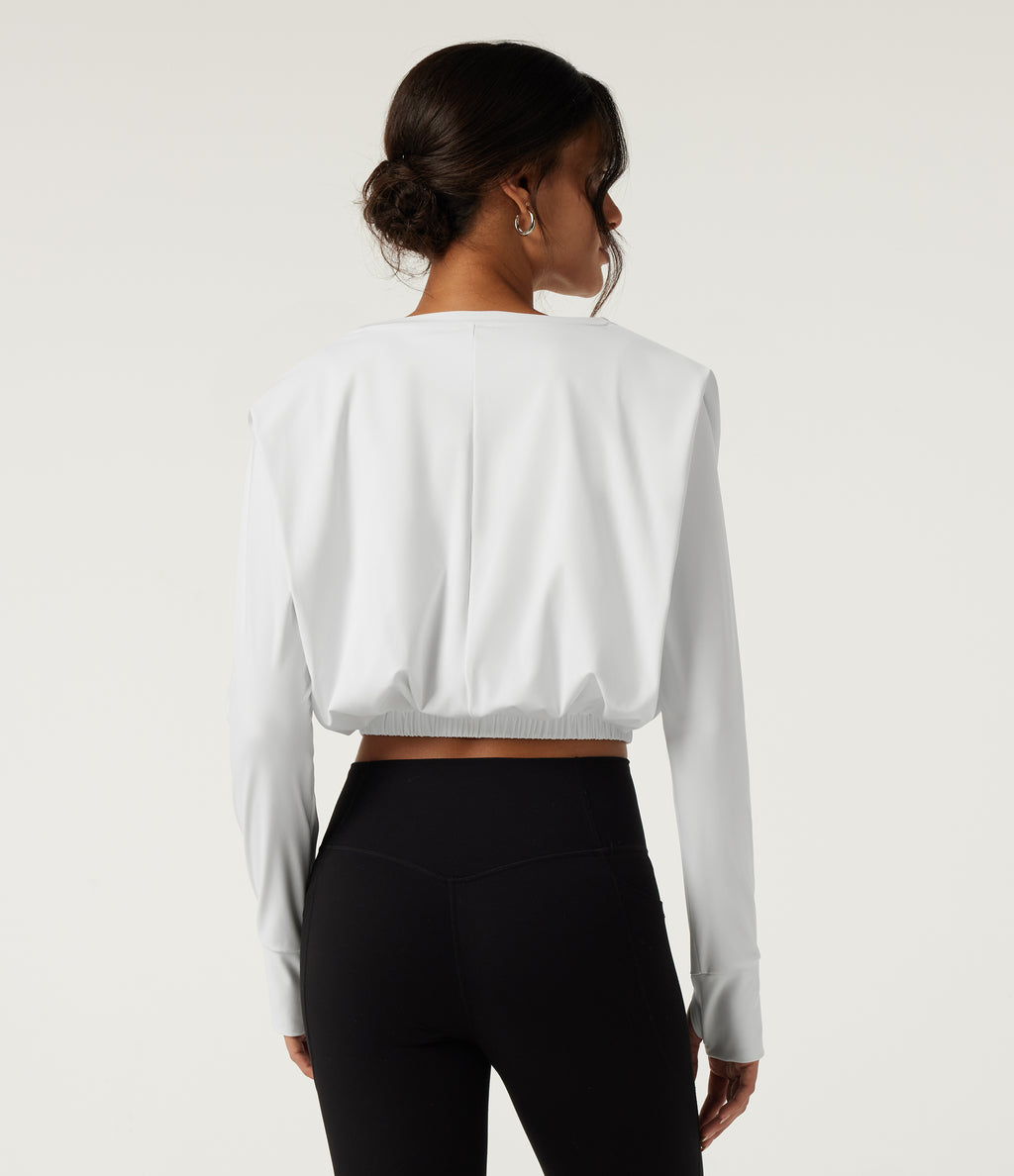 Airy V Neck Long Sleeve Yoga Sports Top with Thumbholes — White — view 2