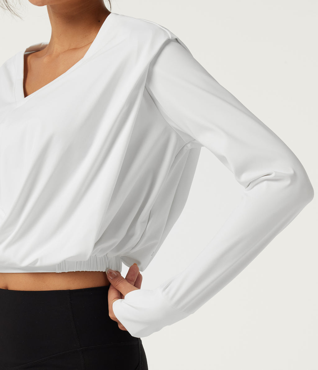 Airy V Neck Long Sleeve Yoga Sports Top with Thumbholes — White — view 7