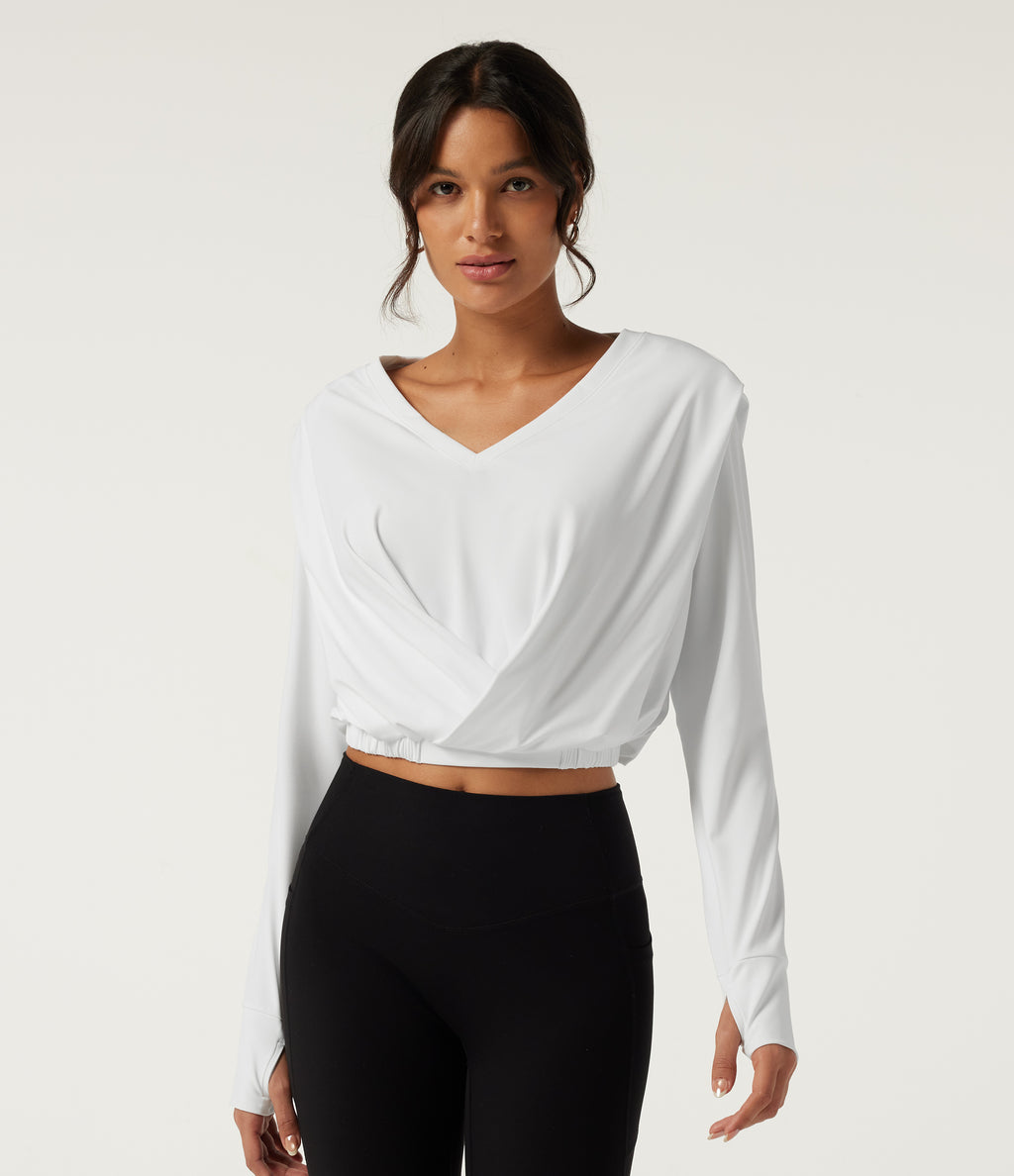 Airy V Neck Long Sleeve Yoga Sports Top with Thumbholes — White — view 4