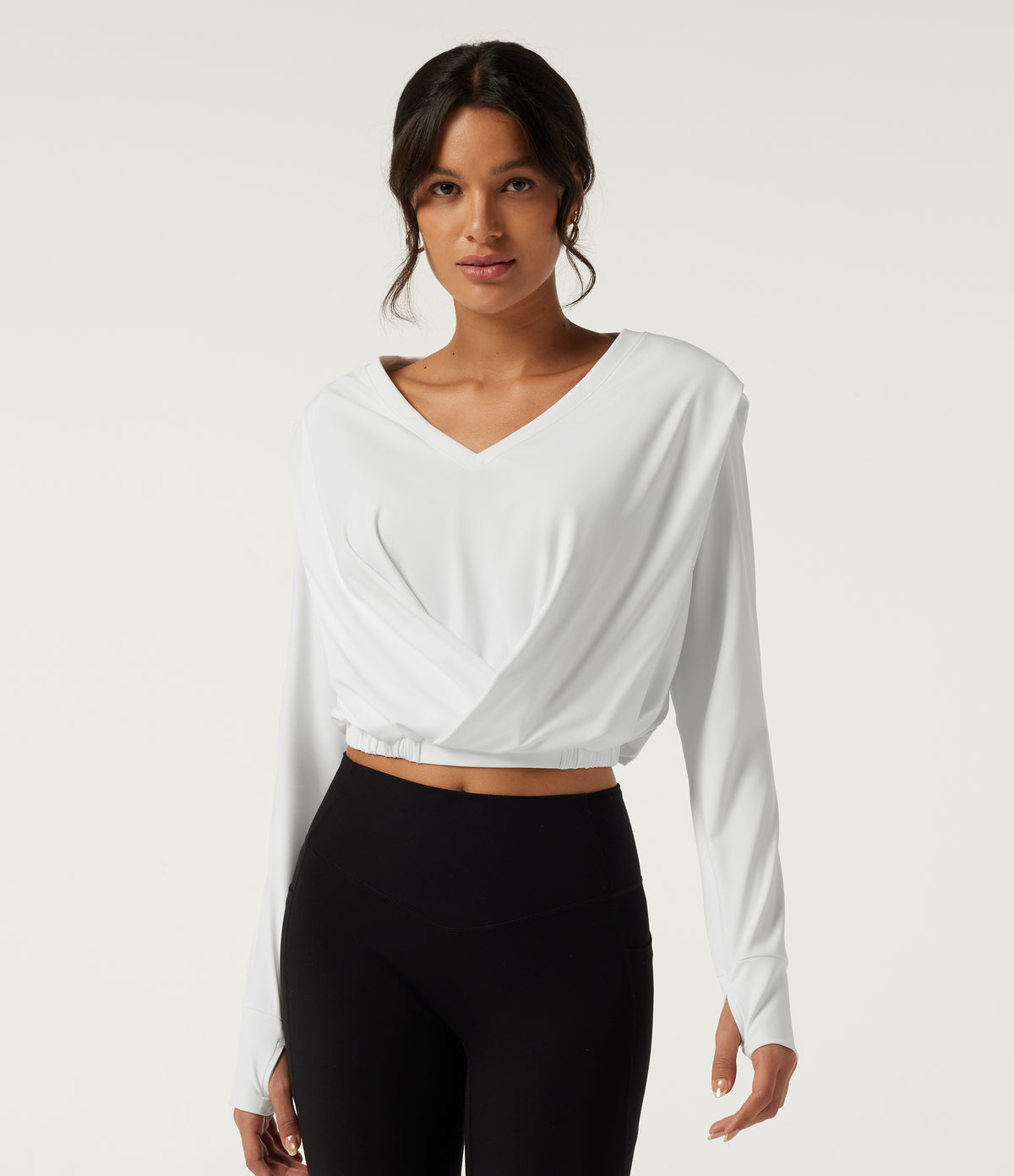 Airy V Neck Long Sleeve Yoga Sports Top with Thumbholes — White — view 4