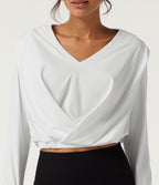 Airy V Neck Long Sleeve Yoga Sports Top with Thumbholes — White — view 5