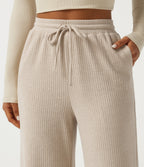 Ribbed Knit High Waisted Drawstring Baggy Casual Trousers with Pockets — Fog — view 5