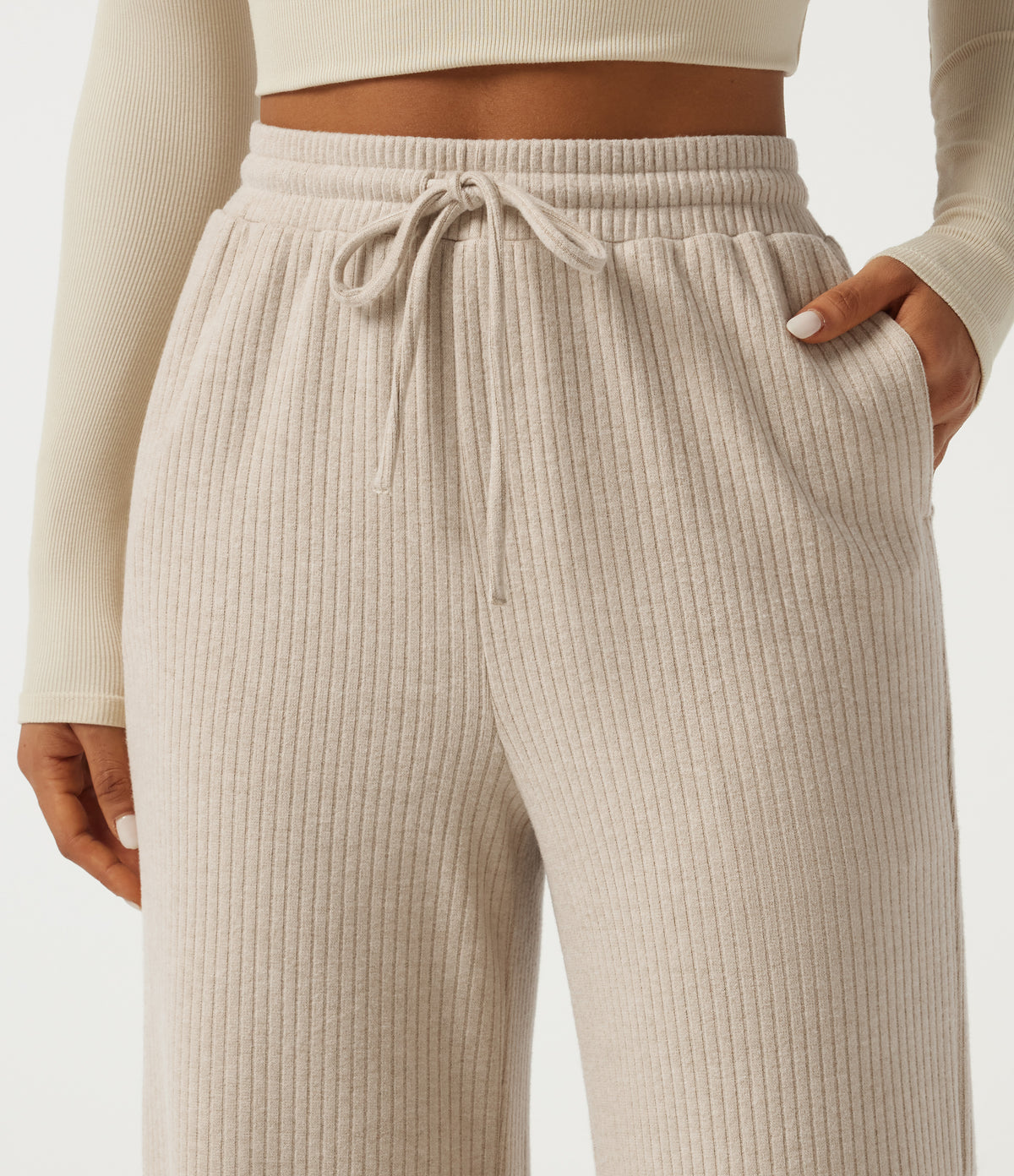 Ribbed Knit High Waisted Drawstring Baggy Casual Trousers with Pockets — Fog — view 5